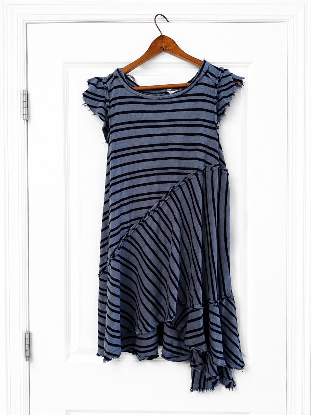 Free People Linen Striped Asymmetrical Tunic Mini Dress Medium Raw Hem Boho